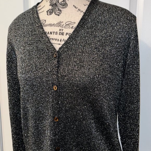 August Silk Size M Silver Metallic Black Buttoned Knit Cardigan - Picture 2 of 5